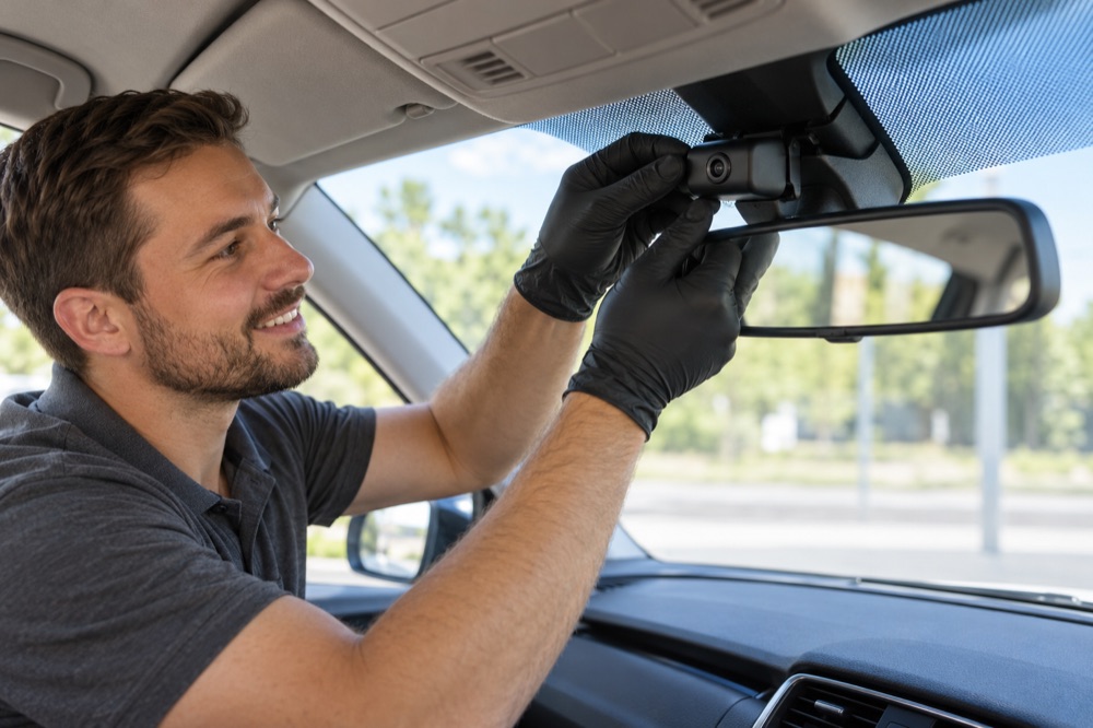Forward-facing driver-assist camera housing mounted on the windshield behind the rearview mirror