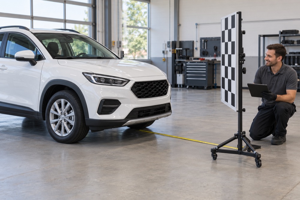 Technician kneeling beside a checkerboard calibration target set ahead of a white SUV in a bright garage bay, a tape measure running from the bumper