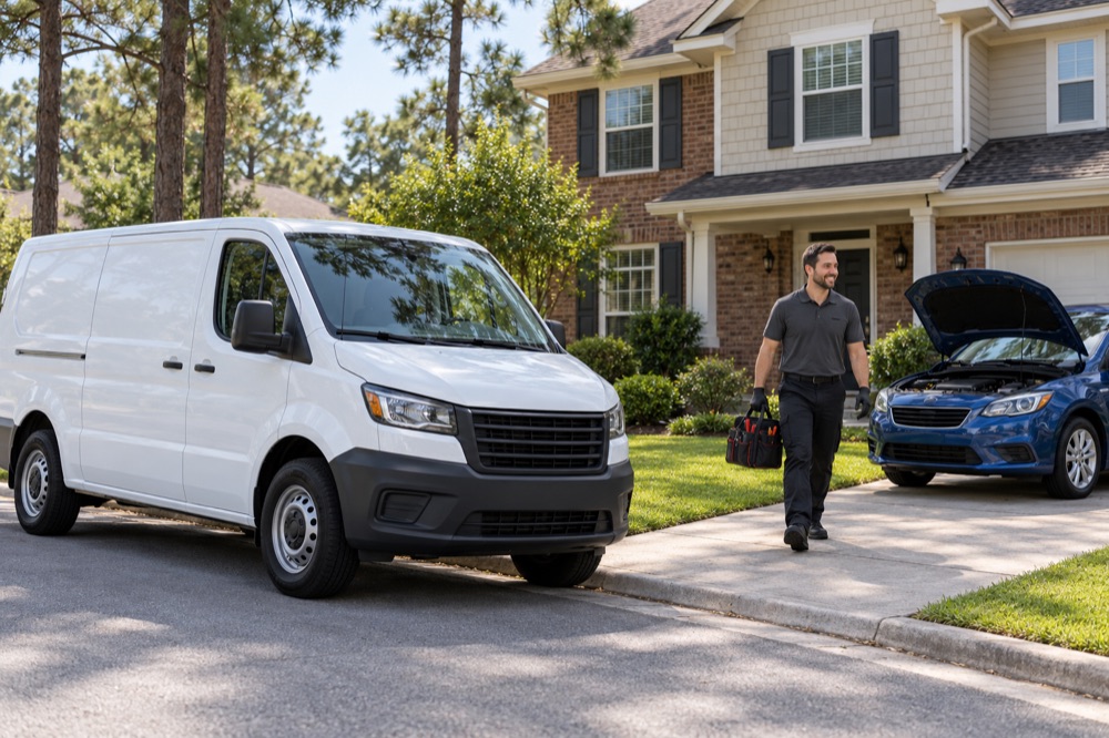 Plain white mobile service van at the curb of a brick suburban house while a technician walks up the driveway with a tool bag