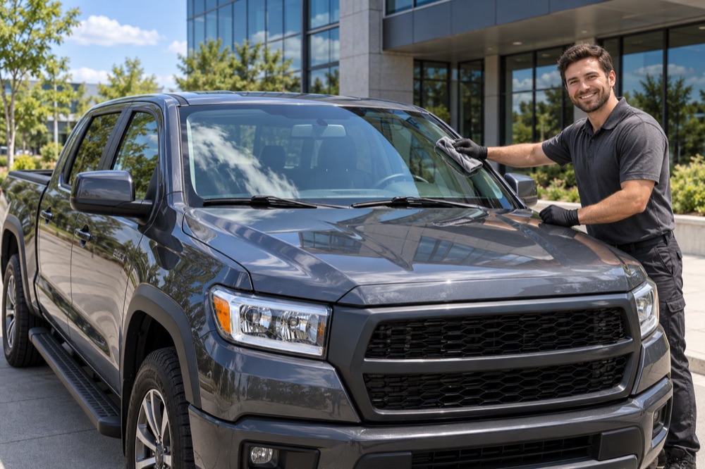 Clean new windshield on a dark gray pickup truck parked outside an office building