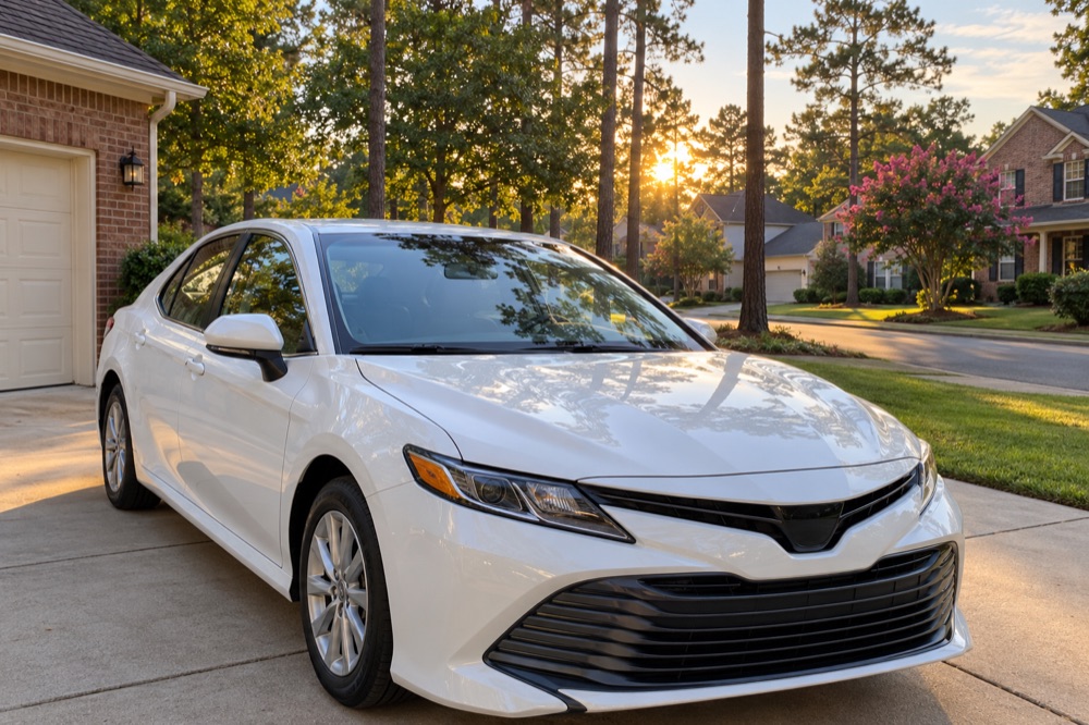 Clean new windshield on a white sedan in a brick-house driveway at golden hour, sun low behind tall pines