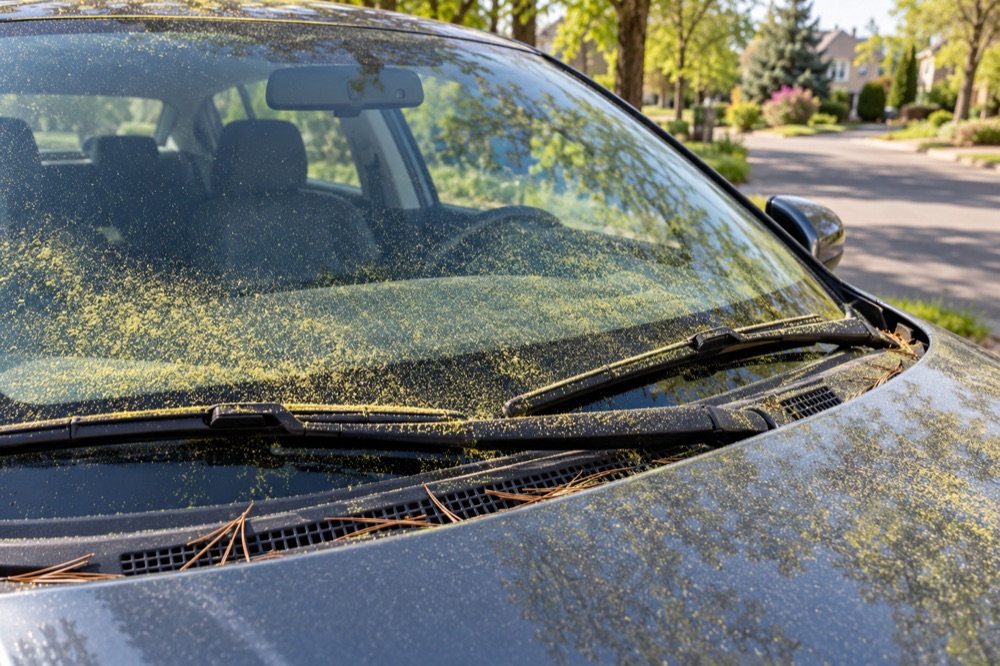 Yellow pine pollen dusting the lower edge of a windshield and a wiper blade in spring