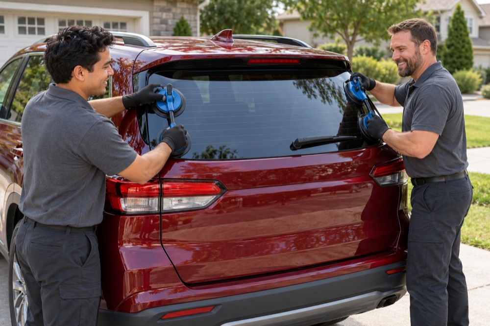 Two technicians setting a new rear window with defroster lines into a dark red SUV using suction cup lifters