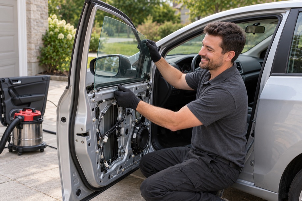Technician fitting new door glass into the open driver door of a silver hatchback with the door panel removed