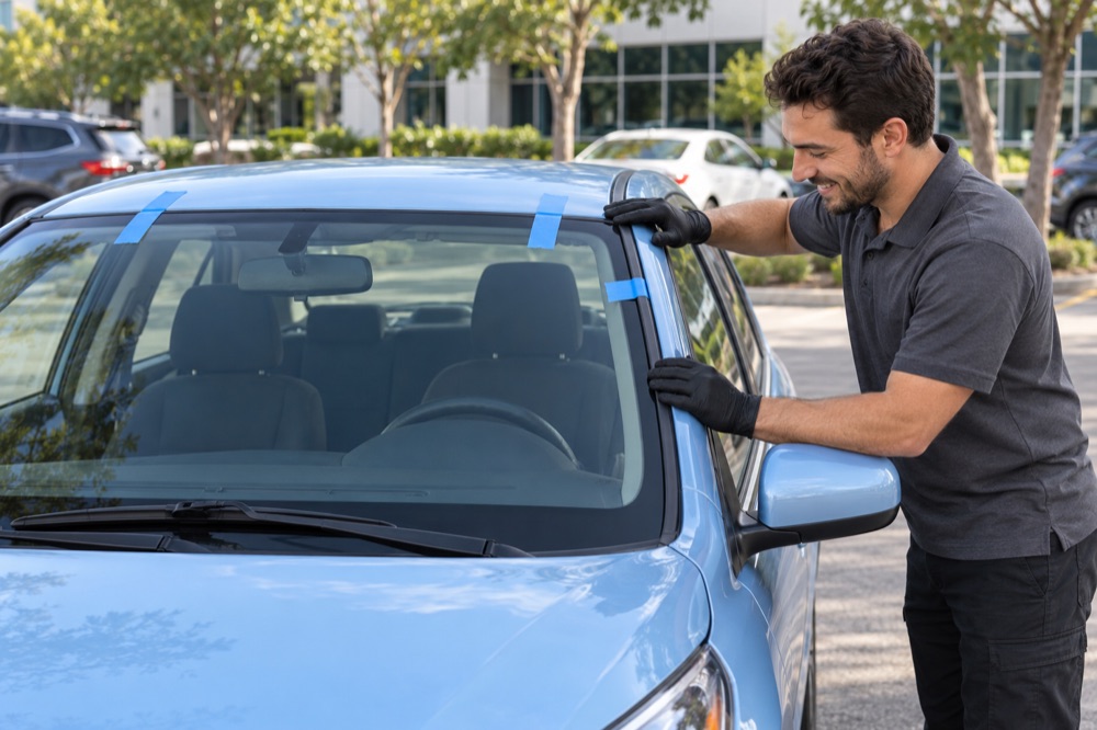 Technician pressing the edge molding of a newly installed windshield held by strips of retention tape