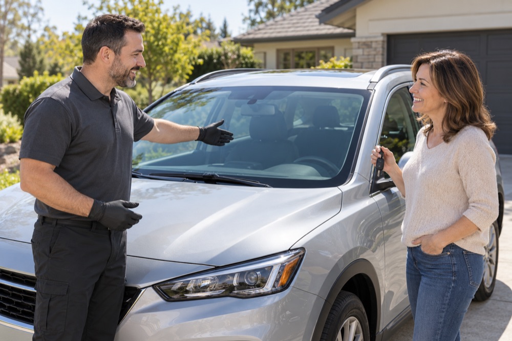 Smiling technician talking with a customer holding her keys beside a crossover with a new windshield