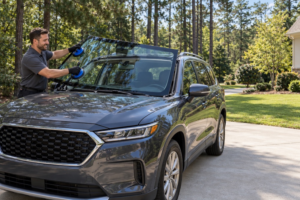 Smiling technician lowering a new windshield onto a gray SUV with two suction cup lifters in a driveway under pine trees