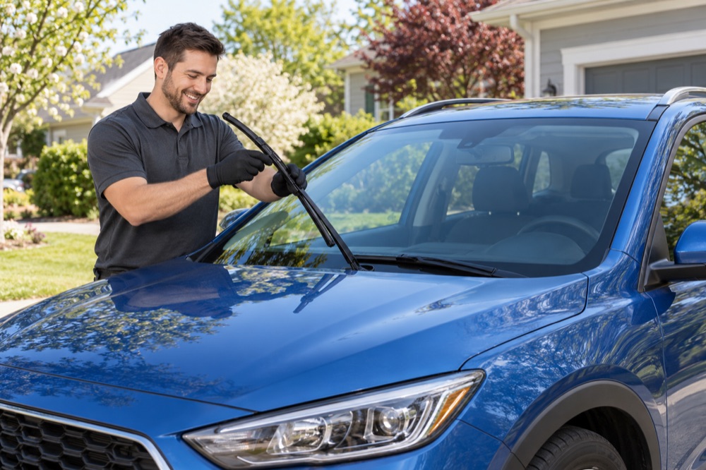 Smiling technician fitting a new wiper blade onto the wiper arm of a blue SUV in a driveway