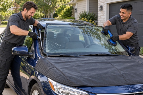 Two technicians cutting out an old cracked windshield from a blue sedan, one with a cold knife and one with a suction cup