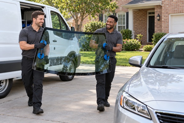 Two smiling technicians carrying a new windshield on suction cup lifters from a white service van to a silver sedan