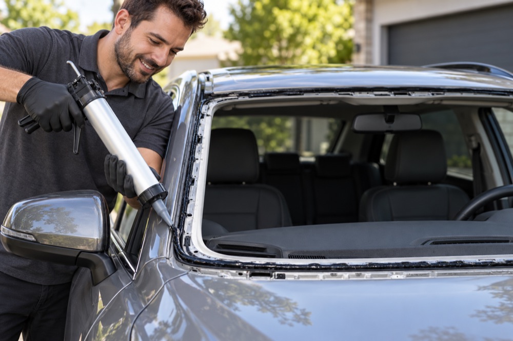 Gloved hands running an even bead of black urethane adhesive around a bare windshield frame