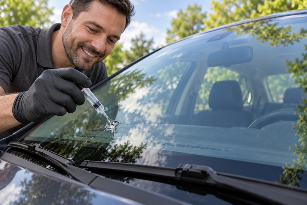 Technician placing a drop of clear repair resin into a small bullseye chip on a windshield
