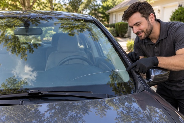 Car windshield with one long thin crack running across the lower passenger side from a small impact point
